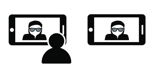Computer crime. A hacker using molile phone, for stealing data. Online ransomware or malware to steal personal data from computer concept, criminal thief. Computer hacker, cyber security. Vector sign