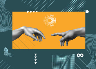 Creation of Adam. Colorful contemporary art collage. Memphis style poster concept. 3d illustration.