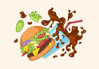 Fast food illustration with hamburger and cola
