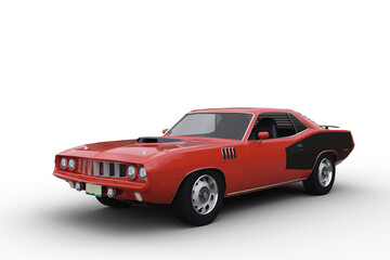 3D render of a red and black retro American muscle car isolated on white.