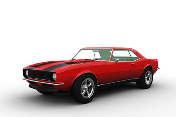 Fototapeta na wymiar 3D render of a red retro American muscle car isolated on white.
