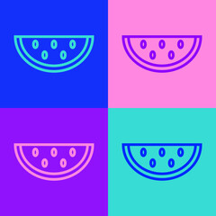 Pop art line Watermelon icon isolated on color background. Vector
