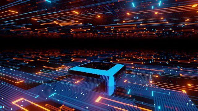 Abstract futuristic Microchip Data flow in a motherboard glowing light background 3D rendering
