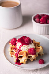 Freshly baked waffles with raspberry and ice cream on a plate