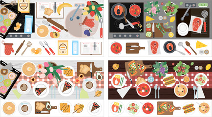 Fototapeta na wymiar The view from the top on the table with dinner for two. Vector illustration of a dining table with soup, hot dogs, salad, pizza, fish, meat, juice and appliances. Wooden table with tablecloth, flowers