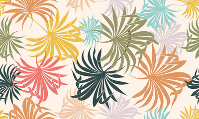 Fototapeta na wymiar Cheerful seamless beach pattern wallpaper, dark green leaves for wallpapers, fabrics and textiles.