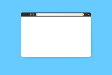 Modern web browser window design isolated on blue background. Web window screen mockup with shadow. Internet empty web landing page concept with search bar and buttons. Vector illustration
