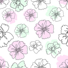 Seamless pattern of line art flowers. Black outline. Vector illustration, soft pastel colored spots. Template for wallpaper, fabric, wrapping paper, background.
