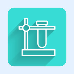 White line Glass test tube flask on stand icon isolated with long shadow. Laboratory equipment. Green square button. Vector