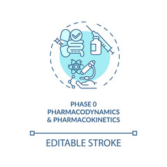 Pharmacodynamics and pharmacokinetics concept icon. Clinical trials phase 0 idea thin line illustration. Drug and treatment study. Vector isolated outline RGB color drawing. Editable stroke