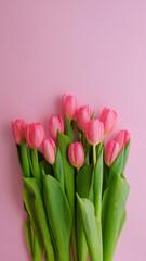 Pink greeting card for Mothers day, Women's Day, 8 March with Pink tulips flowers.