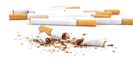 broken cigarettes isolated on white background, stop smoking closeup.