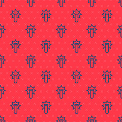 Naklejka premium Blue line Chemical experiment, explosion in the flask icon isolated seamless pattern on red background. Chemical explosion in a test tube. Vector