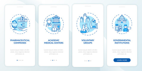 Fototapeta na wymiar Clinical trials support onboarding mobile app page screen with concepts. Pharm companies walkthrough 4 steps graphic instructions. UI, UX, GUI vector template with linear color illustrations
