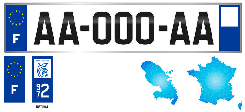 Martinique, France, french antilles regional license plate template, detail of the side label of the department, vector illustration, example of numbering