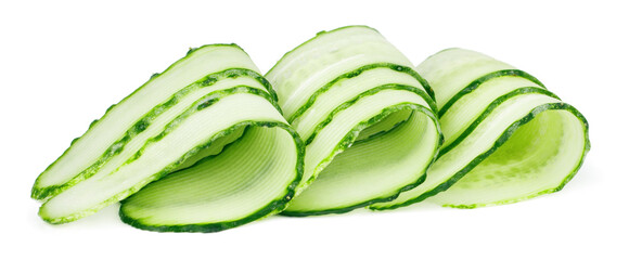 Cucumber curls, slices isolated on white background