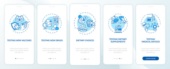 Fototapeta na wymiar Clinical study types onboarding mobile app page screen with concepts. Supplements, vaccine testing walkthrough 5 steps graphic instructions. UI, UX, GUI vector template with linear color illustrations