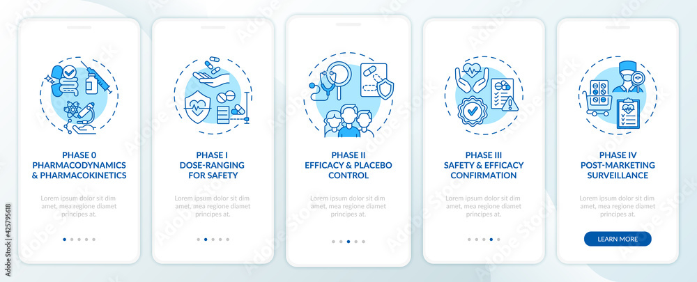 Poster clinical examination phases onboarding mobile app page screen with concepts. dosage, efficiency walk