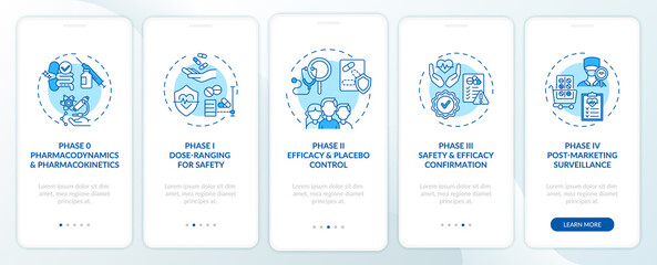 Fototapeta na wymiar Clinical examination phases onboarding mobile app page screen with concepts. Dosage, efficiency walkthrough 5 steps graphic instructions. UI, UX, GUI vector template with linear color illustrations