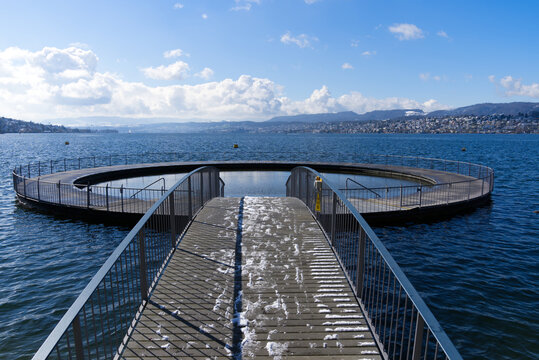 Lakeside bath Tiefenbrunnen at lake Zurich with round toddler pool. Photo taken April 6th, 2021, Zurich, Switzerland.