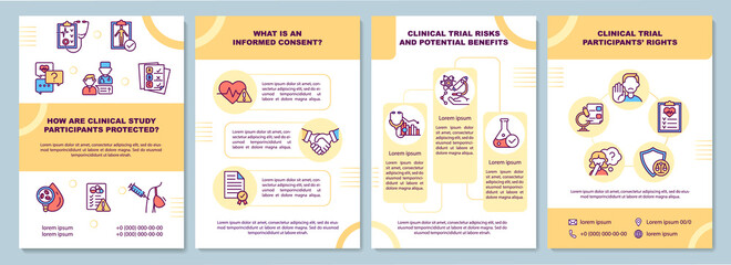 Clinical study participants safety brochure template. Risks, rights. Flyer, booklet, leaflet print, cover design with linear icons. Vector layouts for presentation, annual reports, advertisement pages