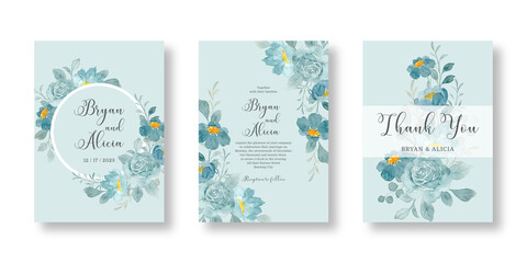 Set wedding invitation card with green floral watercolor