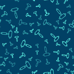 Obraz premium Green line Firefighter axe icon isolated seamless pattern on blue background. Fire axe. Vector