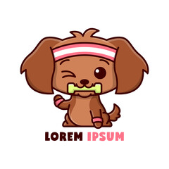CUTE BROWN PUPPY BITE A DUMBBELL WHILE EXERCISE CARTOON ILLUSTRATION.