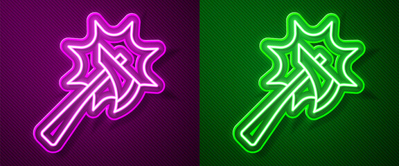 Obraz premium Glowing neon line Firefighter axe icon isolated on purple and green background. Fire axe. Vector