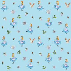 Adorable watercolor pattern with girl in blue dress with her friend rabbit among the plants and magic stuff on blue background. Ideal for children who loves fairy tales
