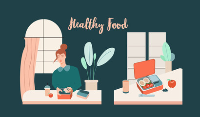 Morning routine. Woman prepares healthy food and puts it in lunch box. Editable vector illustration