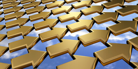 Fototapeta premium 3d render. Gold bars. Blue sky. Arrows. Arrays. Seamless pattern background. Gold reserves. Investment. Tiles. Template for web design or wrapping. Banking. Rich lifestyle. Luxury background. Mirror. 