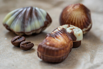 Figurines of Belgian chocolate on a paper background close-up.