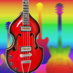 Fototapeta na wymiar Bass guitar on a background of colored silhouettes of guitars. volume_up content_copyshare star_border 