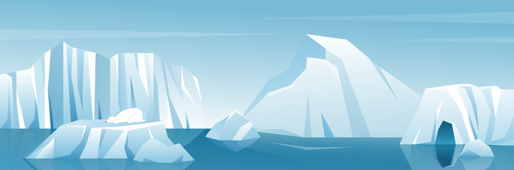 Antarctic wide landscape panorama illustration. Cartoon nature winter arctic iceberg, snow mountains hills, scenic northern icy nature background. © Flash Vector
