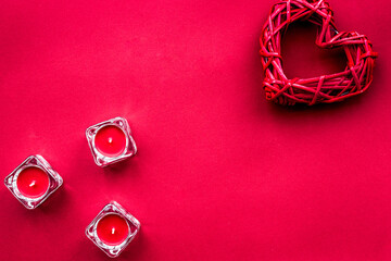 red color set with candles and heart top view mock up