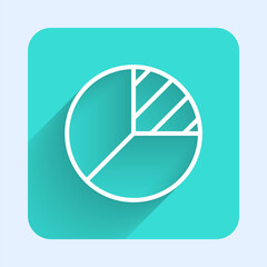 White line Pie chart infographic icon isolated with long shadow. Diagram chart sign. Green square button. Vector