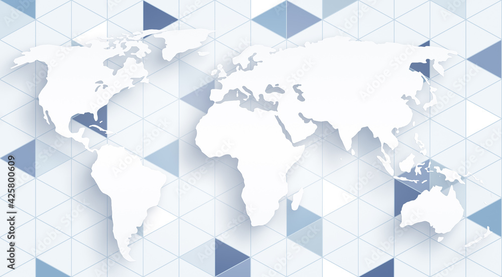 Poster white world map on modern and geometric pattern of blue triangles. abstract triangular shape geometr