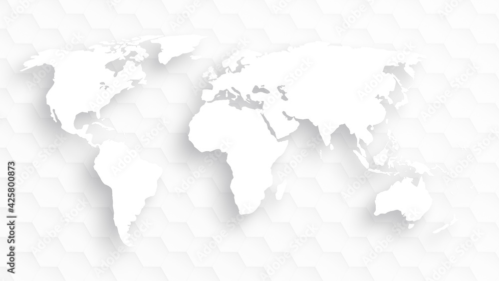 Poster white world map on modern light gray hexagon pattern background. 4k resolution.