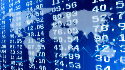 Transparent world map over financial figures or exchange rates on stock exchange board and light blue line graphs. Abstract stock market analysis or finance background in 4k resolution.