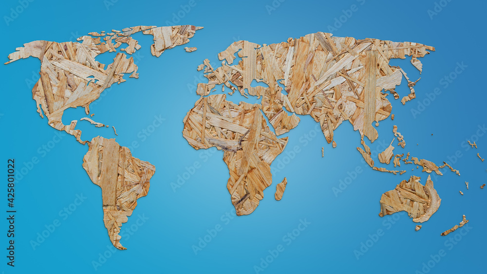 Poster world map made of particle board on blue background. map of world cut in a flakeboard style. 4k reso