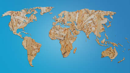 World map made of particle board on blue background. Map of world cut in a flakeboard style. 4k resolution.