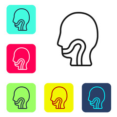 Black line Sore throat icon isolated on white background. Pain in throat. Flu, grippe, influenza, angina. Healthcare and medical. Set icons in color square buttons. Vector