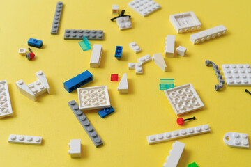 flat lay toy bricks and blocks of constructor, learning and development