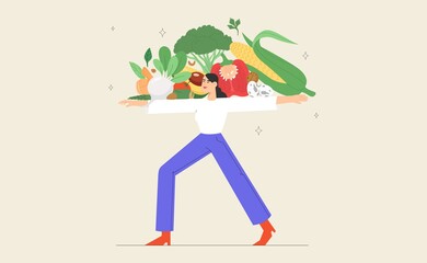 Vegetarian woman holds fresh vegetables.  Concept of balanced nutrition or healthy eating. Flat vector illustration.