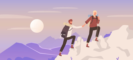 Couple people climb mountain, nature travel adventure vector illustration. Cartoon young woman man climber hiker characters with backpacks climbing in mountain natural landscape, trekking background