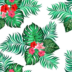  Vector tropical pattern with hibiscus flowers and exotic palm leaves. Trendy summer background. Summer floral illustration. © Logunova  Elena