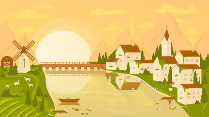 Rural landscape scene with vineyard and village at sunset vector illustration. Cartoon countryside farm scenery, mountains and bridge over river, farmer houses and windmill, sun on horizon background