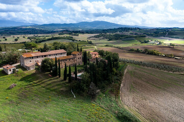 Aerial view, estate with olives and cypress trees, Cinigiano, Grosseto Province, Tuscany, Italy