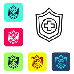 Black line Life insurance in hand icon isolated on white background. Security, safety, protection, protect concept. Set icons in color square buttons. Vector